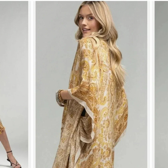 New! Boho Print Kimono Wrap Coverup Tassel Trim Mustard - Picture 2 of 3